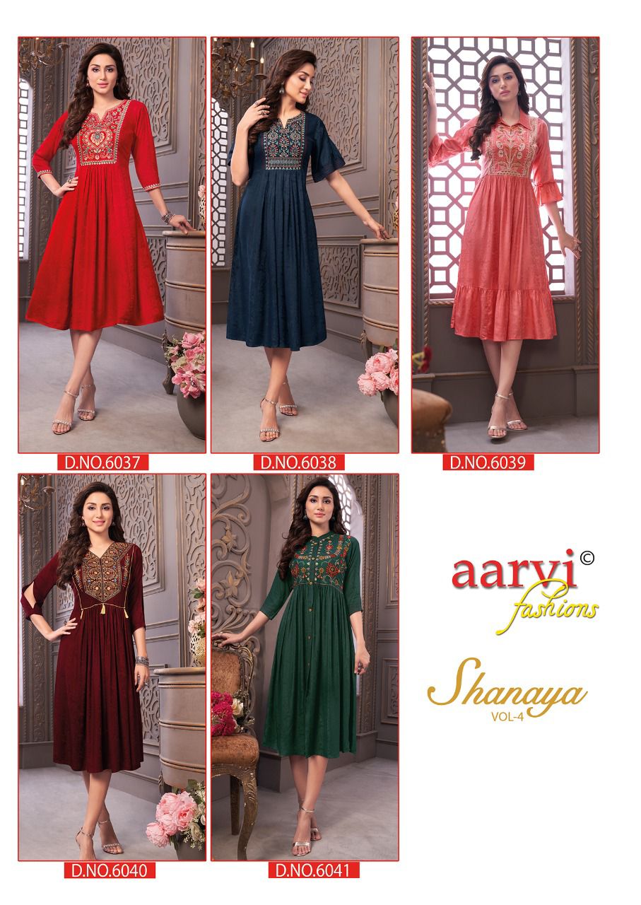 Aarvi Shanaya 4 rayon Designer Fancy Wear Embroidery Kurti Collection